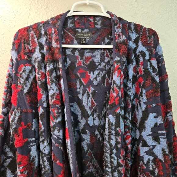 Lucky Brand Southwestern Cardigan Sweater M Blue Draped Boho Aztec Hippie Top - Picture 3 of 14